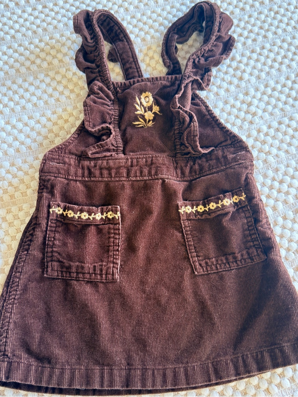 Old Navy Brown Corduroy Ruffle-Strap Pinafore with Floral Embroidery